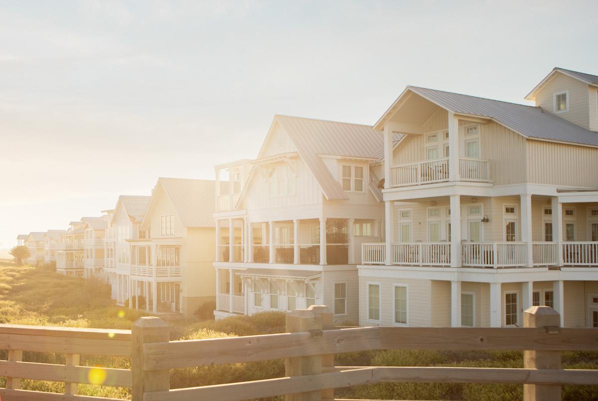 Cinnamon Shore homes along Mustang Island in Port Aransas at warm light