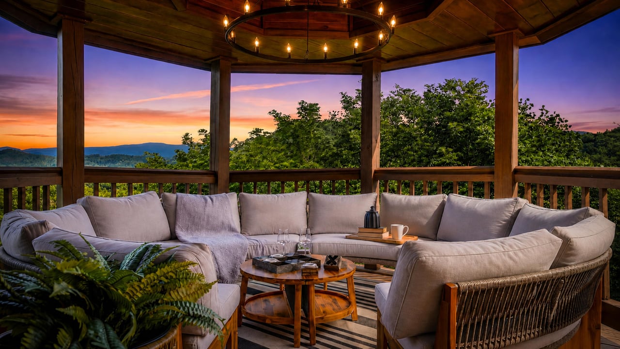 Cozy covered patio showcases mountain vistas at sunset, with plush seating inviting guests to unwind beneath warm ambient lighting and enjoy sweeping natural landscapes.