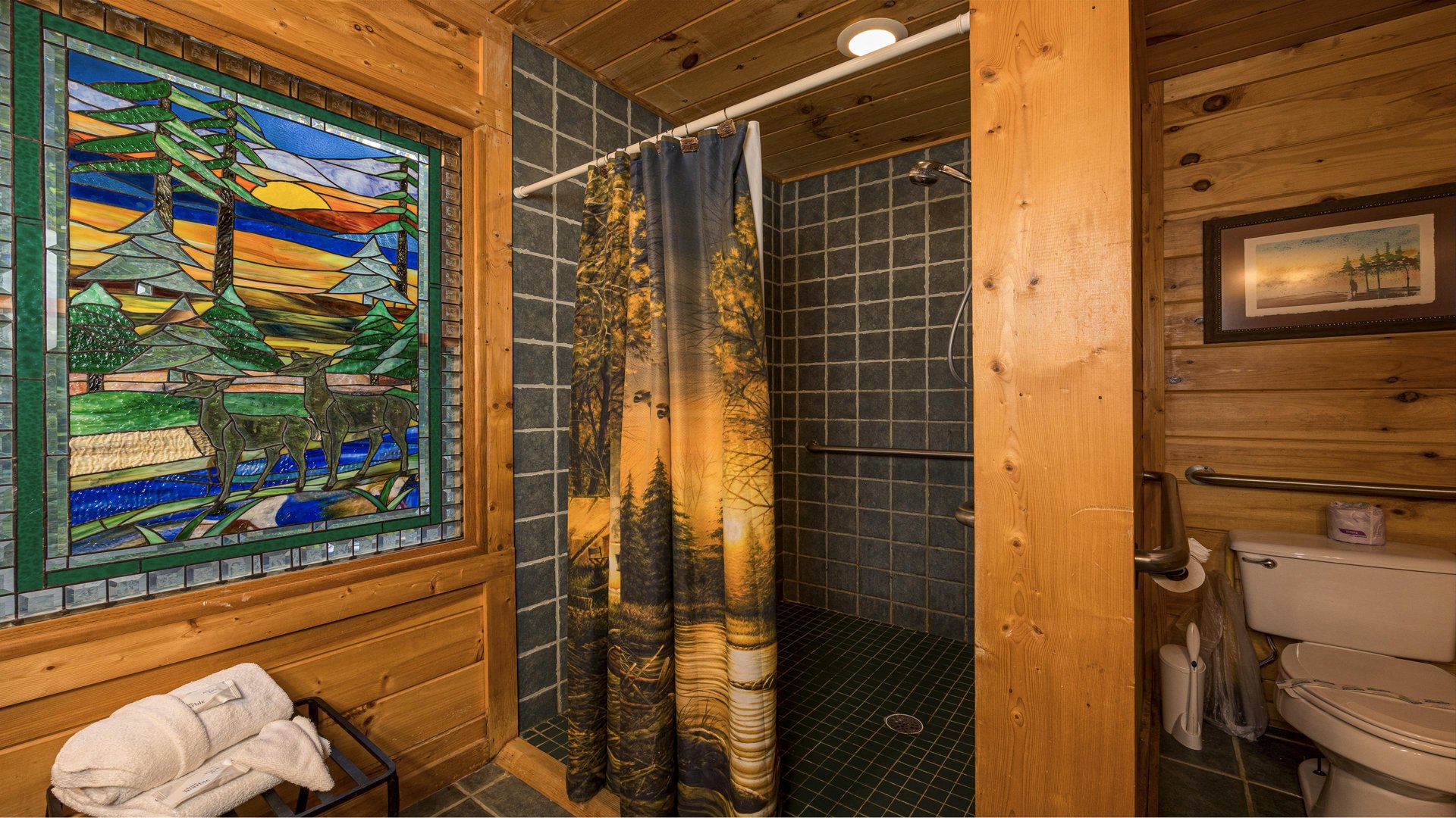 Walk in shower and stained glass window