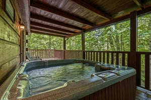 Slip into your private hot tub on the covered deck and let the warm bubbles melt away your stress while youre surrounded by tranquil forest views.