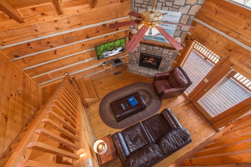 Aerial living room at EllaVation, a 3 bedroom cabin rental located in Gatlinburg