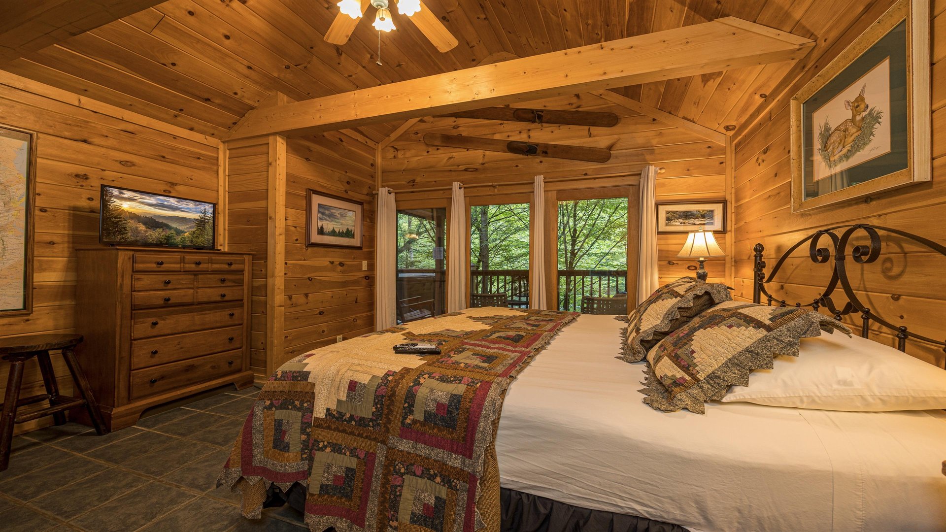 King bed with deck view