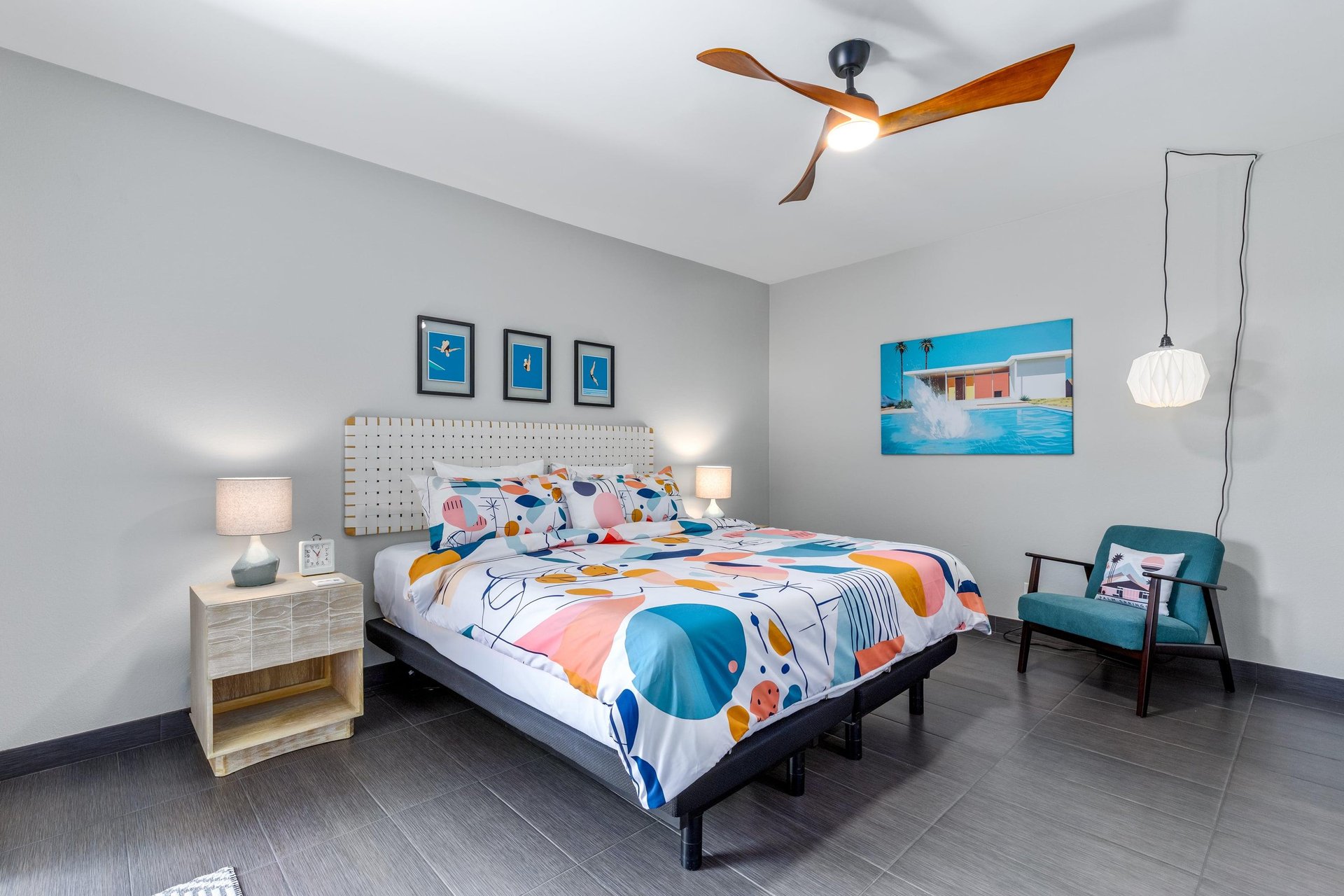 California king bed, smart TV, patio access, and ensuite bathroom.