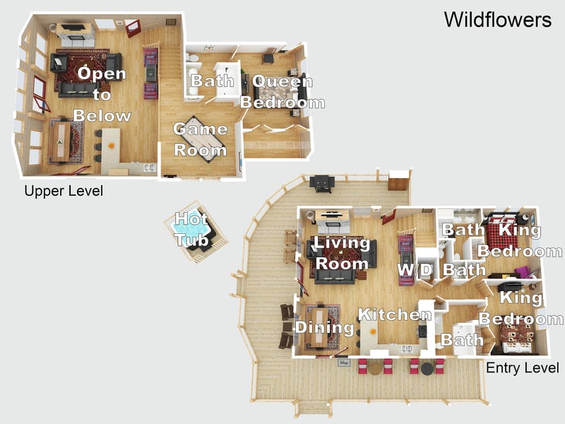 Detailed floor plan shows your spacious retreat with game room, hot tub, and multiple bedrooms across two levels.