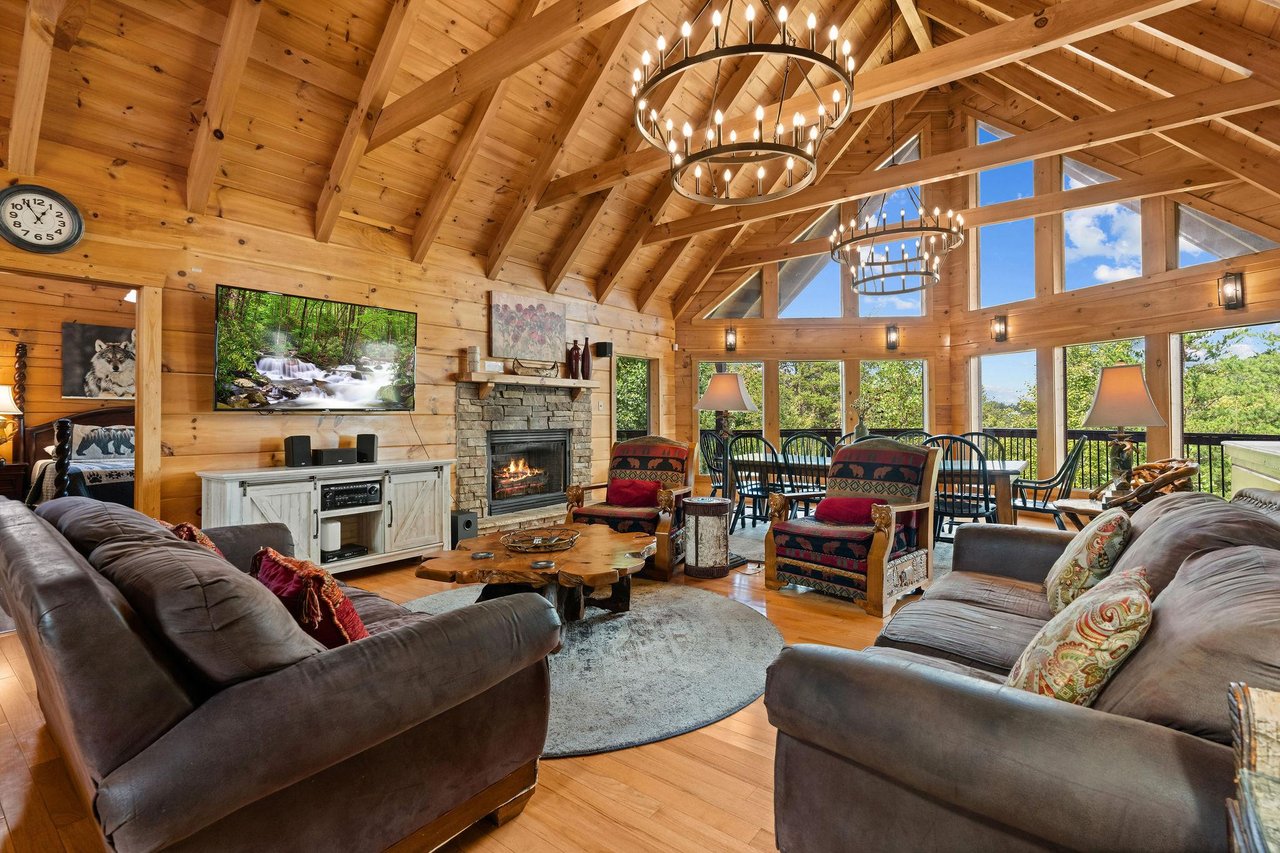 Living room with stone fireplace