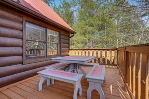 Step onto your private deck and breathe in the fresh mountain air while enjoying meals at your rustic picnic table.