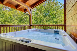 Slip into your private hot tub and let the warm water melt away your stress while you gaze at the lush forest surrounding you.