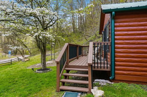 Rustic log cabin entrance with deck surrounded by blooming spring trees and peaceful countryside setting.
