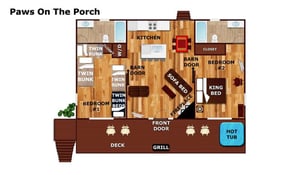 This floor plan shows a spacious, twobedroom cabin with bunk rooms, a full kitchen, dining area, and a deck with hot tub and grill for outdoor enjoyment.