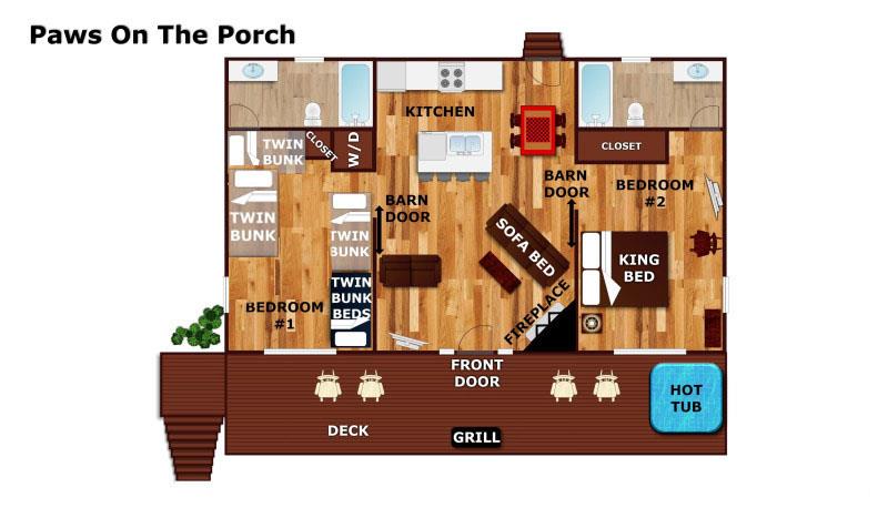 This floor plan shows a spacious, twobedroom cabin with bunk rooms, a full kitchen, dining area, and a deck with hot tub and grill for outdoor enjoyment.