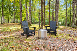 Nestled in a tranquil forest setting with towering trees overhead and seasonal foliage underfoot, your private outdoor fire pit area awaits with two comfortable Adirondack chairs for peaceful moments 