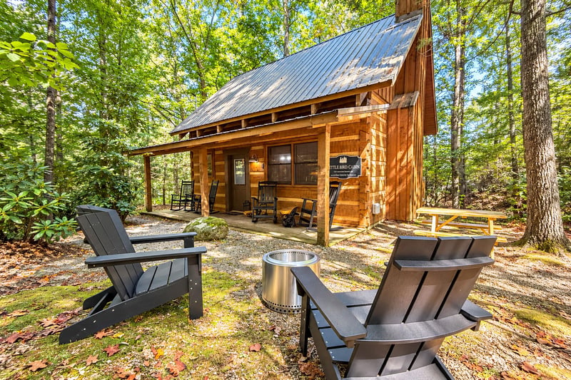 A charming Aframe cabin nestled in a lush forest offers a private escape. Gather around the fire pit in cozy Adirondack chairs and let the peaceful woodland setting restore your spirit.