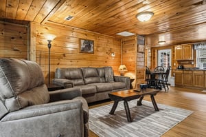 Sink into plush leather seating surrounded by warm knotty pine walls and rustic charm in your cozy mountain retreat.