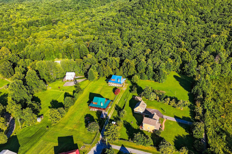 Aerial view of a secluded vacation property nestled among lush forests and open green lawns.