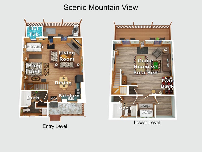 Detailed floor plan of this scenic mountain property, clearly showing spacious twolevel layout with hot tub, game room, and multiple sleeping areas.