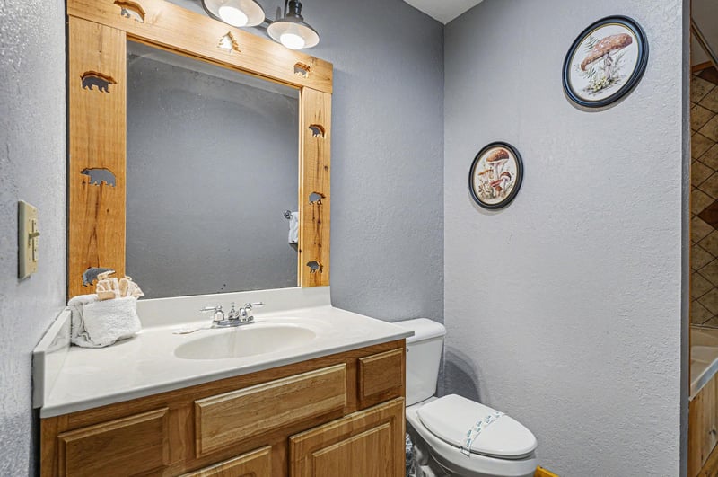 Your charming bathroom features rustic wood vanity and wildlifethemed decor, creating a cozy mountain cabin feel for your getaway.