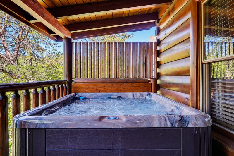 Slip into your private hot tub on the sheltered deck and let the warm bubbles melt away your cares while surrounded by mountain forest views.