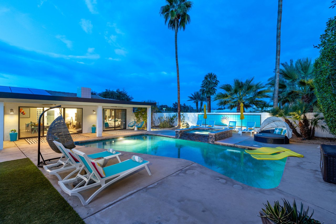 Glowing night time pool deck