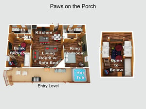 This illustrated floor plan clearly shows the cabins spacious layout across two levels, including bedrooms, bathrooms, kitchen, dining, living area, hot tub, and loft sleeping spaces.