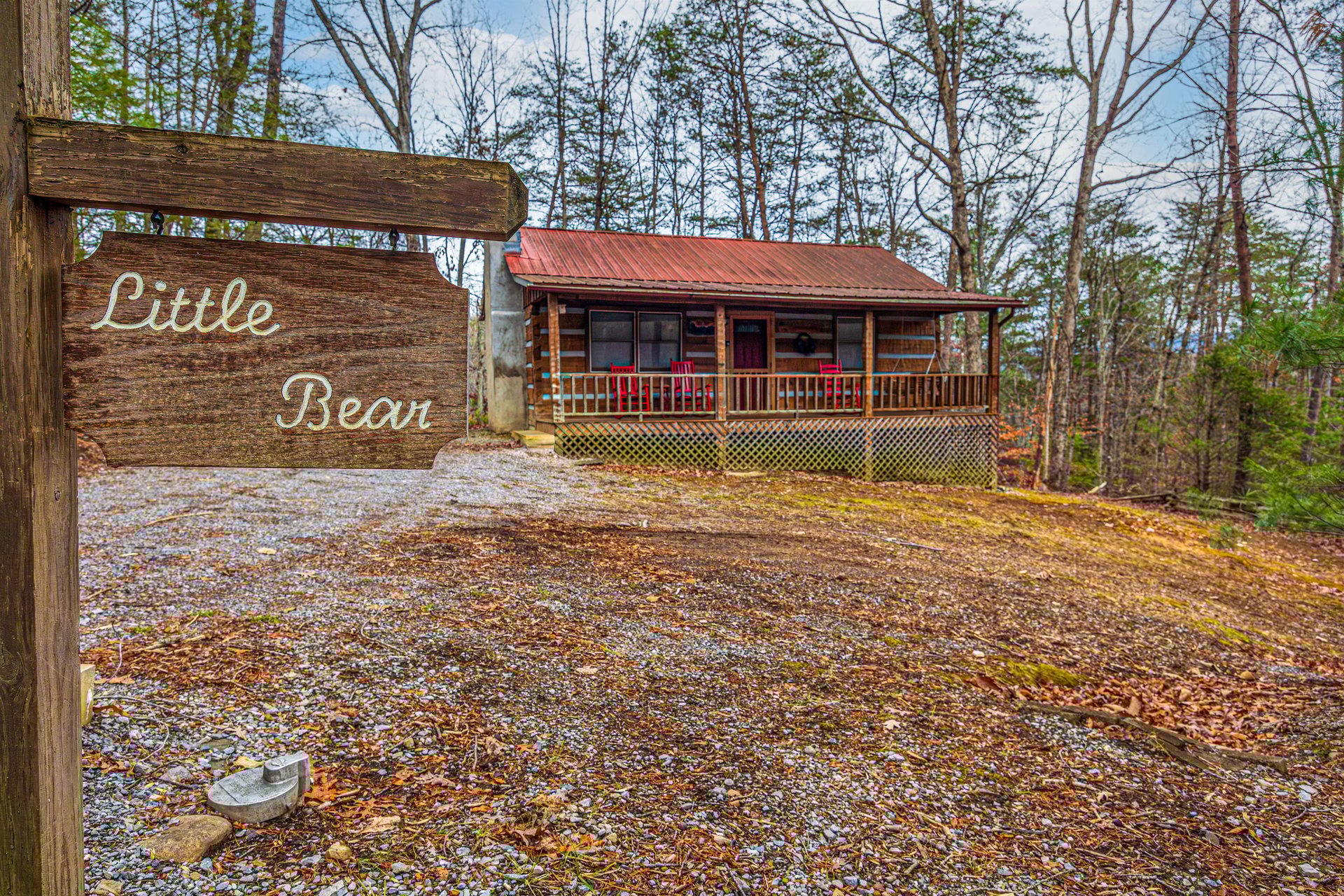 Exterior Front and Sign of Little Bear Cabin