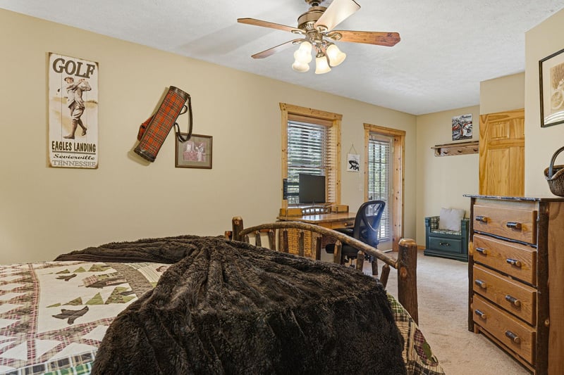 Unwind in your cozy bedroom with rustic charm and a plush bed calling your name after a day of adventure.