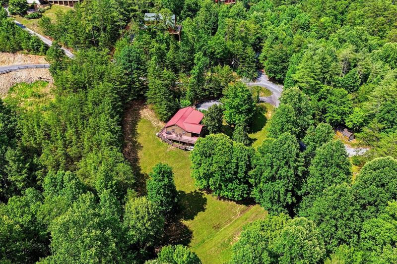 This secluded mountain cabin with its distinctive red roof sits nestled within dense forest, offering a private wooded retreat away from everyday life.