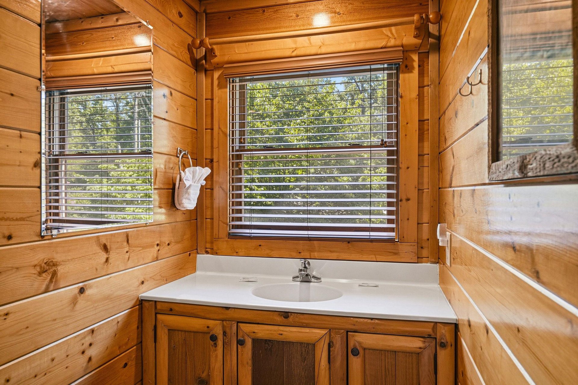 Refresh in your private cabin bathroom, where rustic wood walls meet modern comfort. Natural light streams through windows offering peaceful forest views.