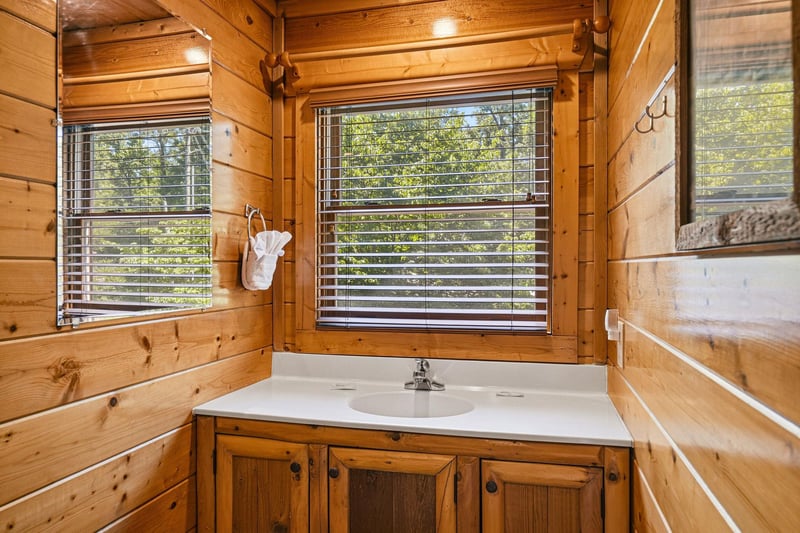 Refresh in your private cabin bathroom, where rustic wood walls meet modern comfort. Natural light streams through windows offering peaceful forest views.
