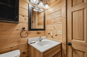 Rustic woodpaneled bathroom creates a cozy cabin atmosphere for your mountain getaway refreshment.