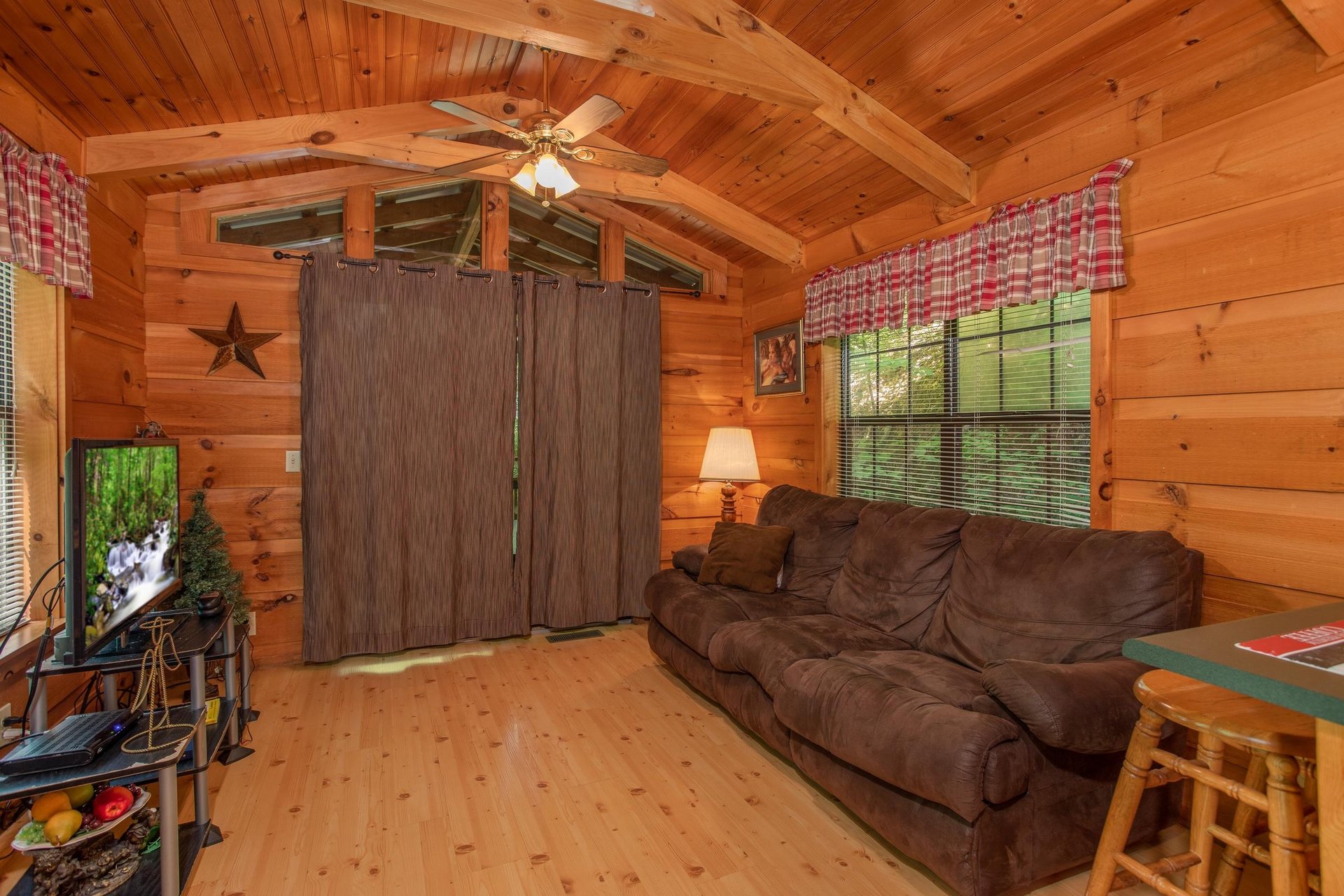 living room with couch and television at angels dream a 1 bedroom cabin rental located in gatlinburg