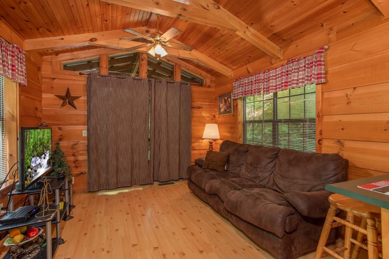 living room with couch and television at angels dream a 1 bedroom cabin rental located in gatlinburg