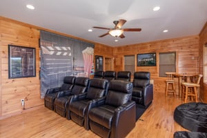 Eight reclining seats in the theater room at Great View Lodge, a 5bedroom cabin rental located in Pigeon Forge
