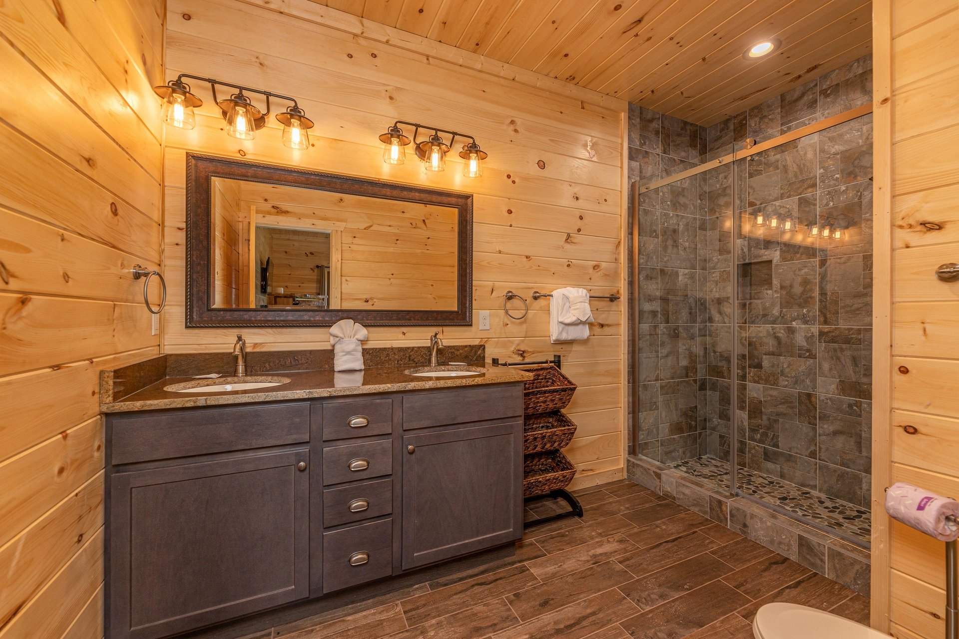 Double sink vanity with walk in shower