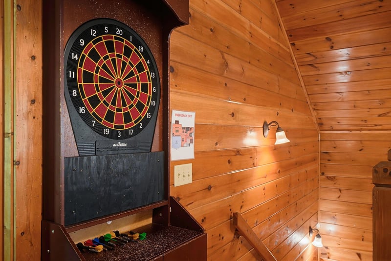 Take aim at the electronic dartboard in this cozy woodpaneled game nook. Perfect for friendly competition while you relax in the cabins warm atmosphere.