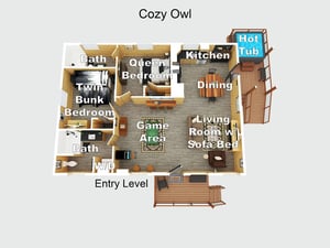 Complete floor plan of Cozy Owl showing Queen Bedroom, Twin Bunk Bedroom, bathrooms, full Kitchen, Dining area, Living Room with sofa bed, Game Area, and outdoor Hot Tub.