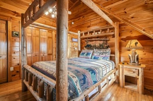 Drift off beneath soaring cathedral ceilings and handcrafted log beams, surrounded by warm pine walls. Your rustic fourposter bed invites peaceful mountain dreams in this cozy, characterfilled retre