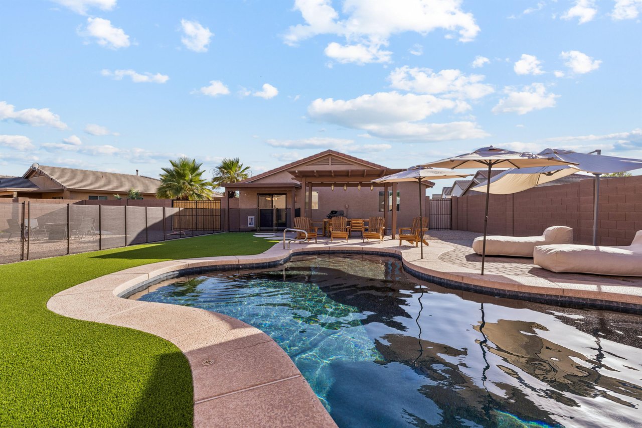 Private pool, sun loungers, patio with outdoor dining space, BBQ, firepit, and corn hole.
