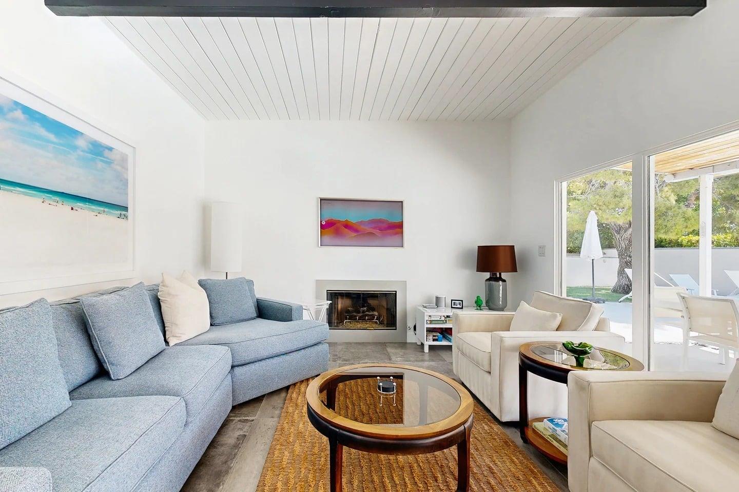 Comfy living room with gorgeous fireplace