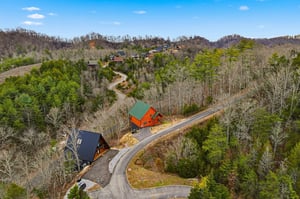 Aerial view of vacation cabins nestled among rolling forested hills, connected by winding mountain roads.