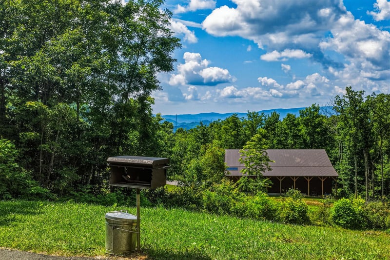 Secluded mountain retreat with BBQ grill and sweeping views of lush forest and distant peaks—ideal for peaceful getaways and outdoor dining.