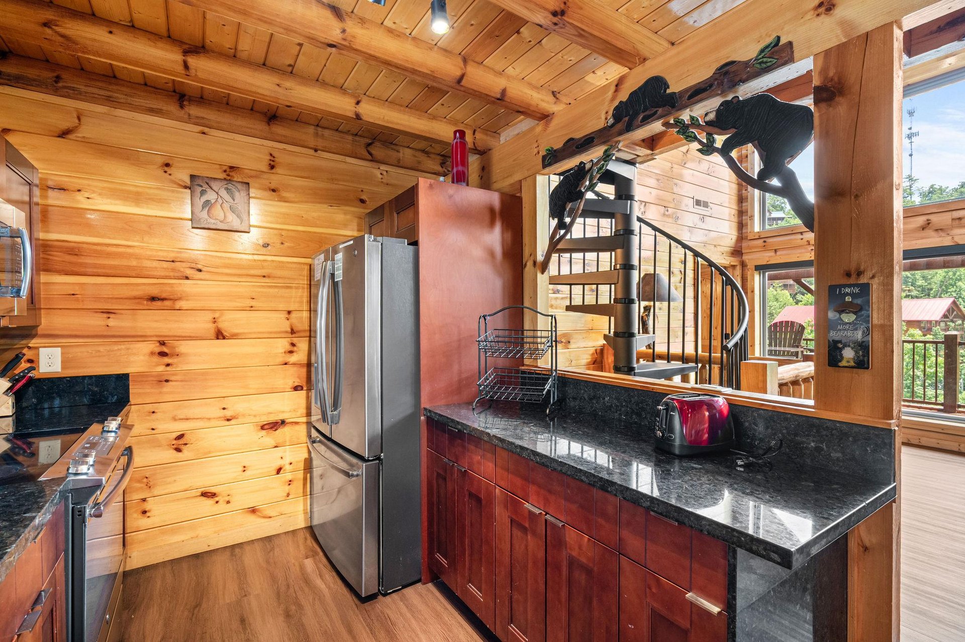granite counter and refrigerator