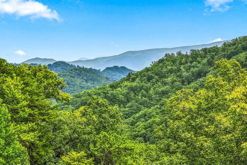 A scenic mountain landscape captured from the property, with rolling forested ridges stretching into the distance beneath a bright blue sky and gentle clouds.