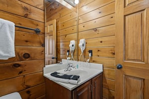 Warm woodpaneled bathroom with a skylight, vanity sink, fresh towels, and hair dryers for your convenience.