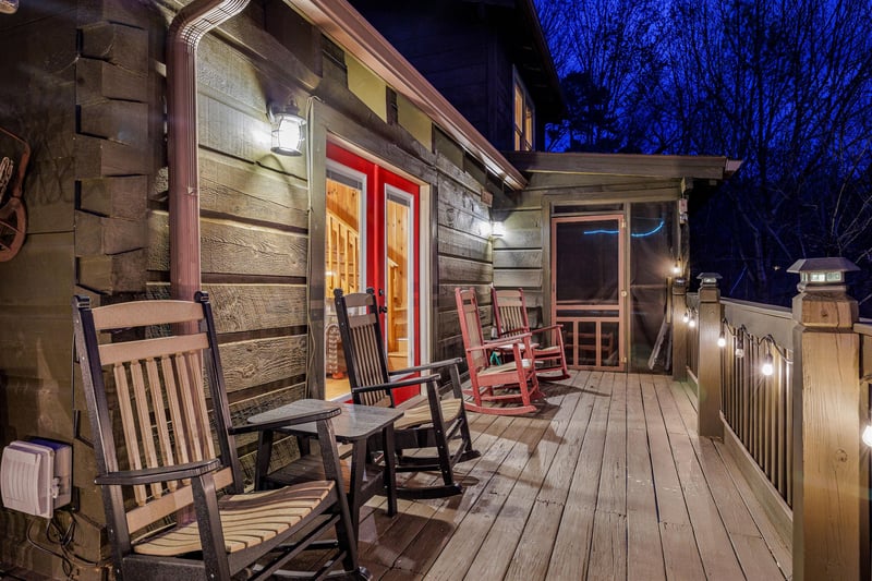 Rocking chairs and deck view at night