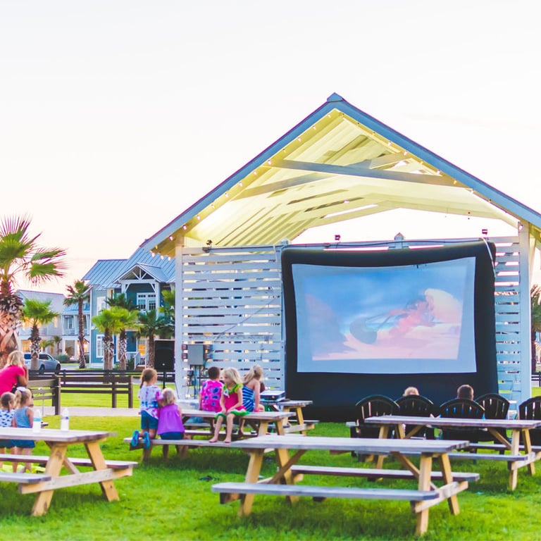 Outdoor movie night on the lawn at Cinnamon Shore in Port Aransas, Texas