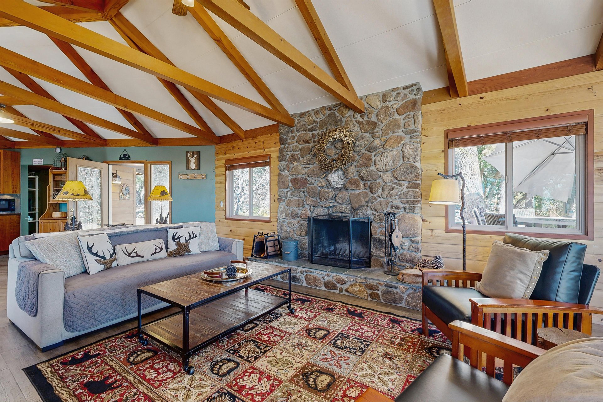 Beautiful stone fireplace.