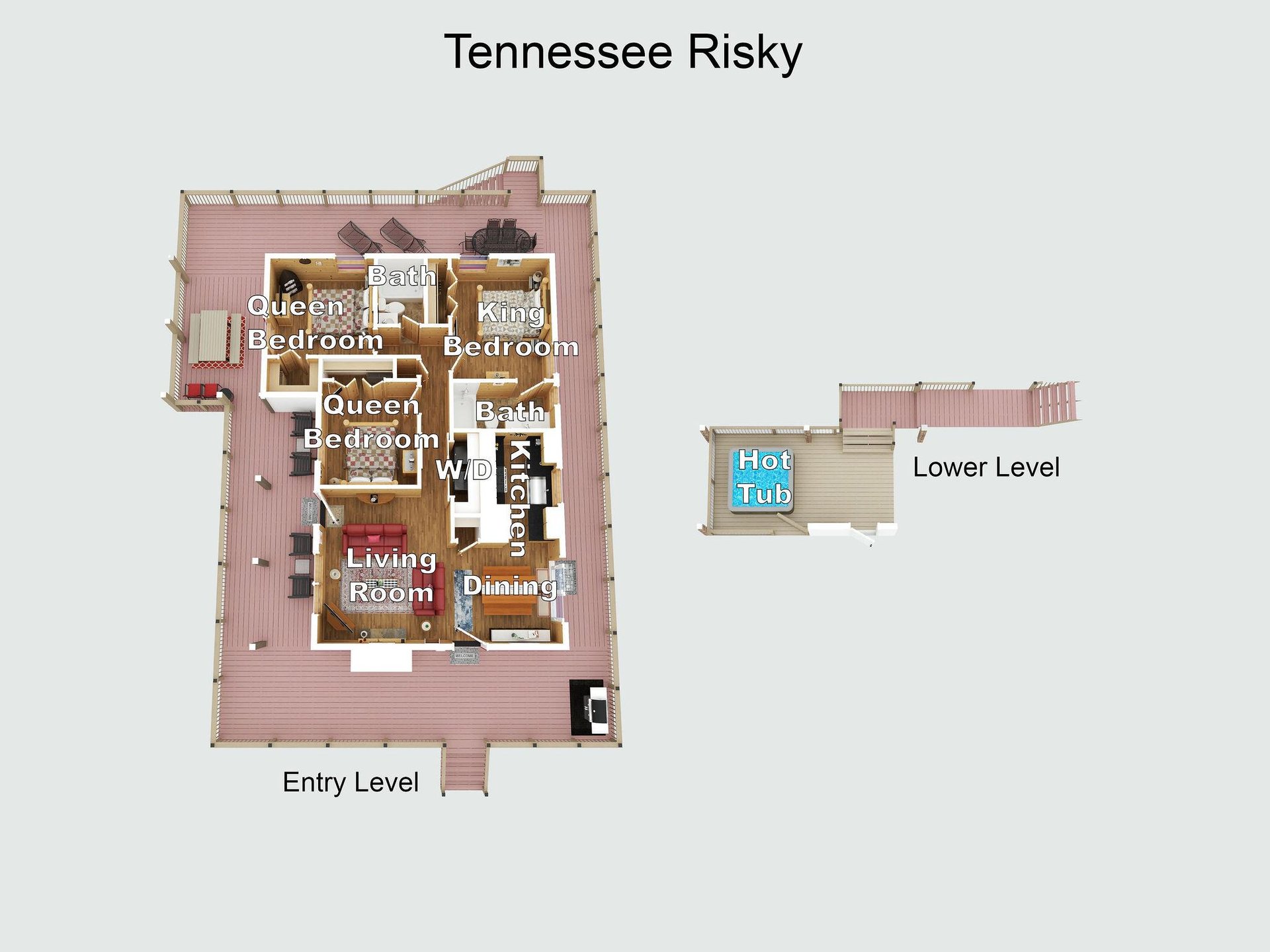 Get a complete overview of Tennessee Riskys layout three cozy bedrooms, dining and living areas, plus a hot tub for ultimate relaxation.