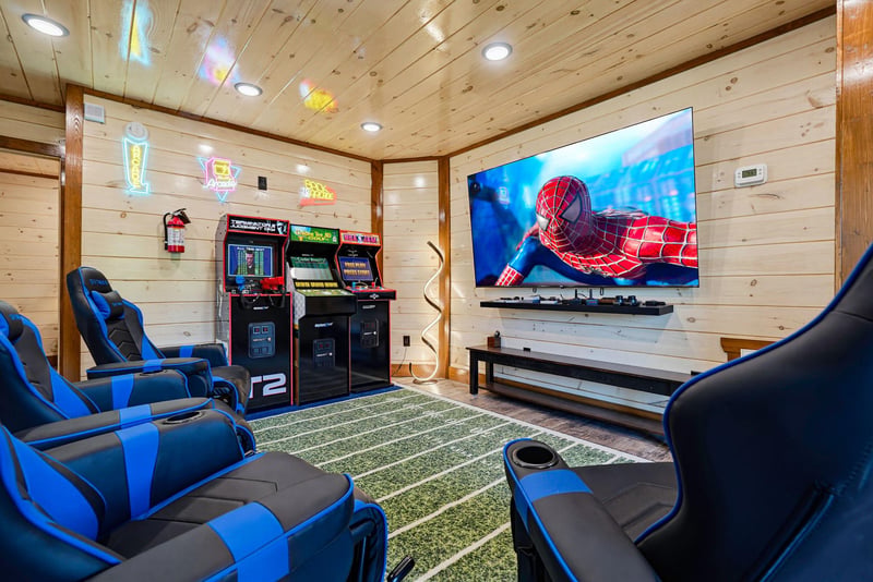 Step into your private game room, complete with classic arcade machines, racingstyle gaming chairs, and a massive screen for movie nights or gaming marathons—fun for all ages awaits.