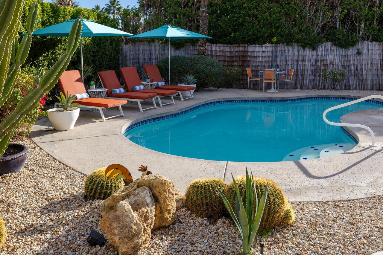 Dive into your private desert oasis with sparkling pool, cushioned loungers under turquoise umbrellas, and striking desert landscaping.