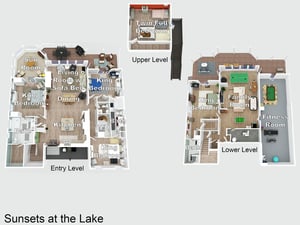 Spacious threelevel vacation home layout showcasing five bedrooms, multiple living areas, fitness room, and game room to accommodate your entire group comfortably.